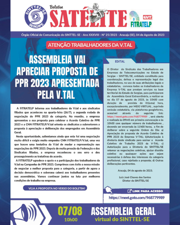 ASSEMBLEIA VAI APRECIAR PROPOSTA DE PPR 2023 APRESENTADA PELA V.TAL