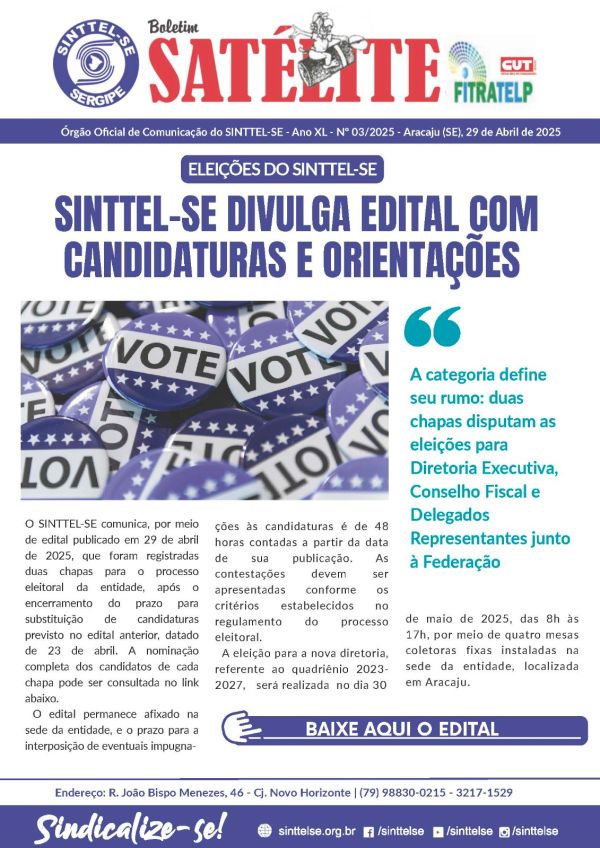 SINTTEL-SE divulga edital com candidaturas e orientações sobre eleições