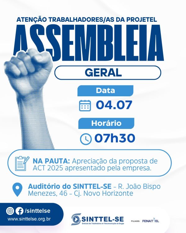 SINTTEL-SE realiza assembleia com base da Projetel nesta sexta-feira (04/07)