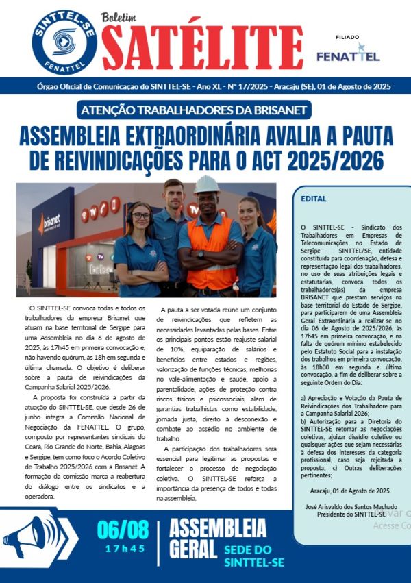 BRISANET: Assembleia extraordinária avalia a pauta de reivindicações para o act 2025/2026
