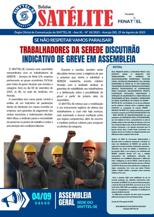 Trabalhadores da SEREDE discutirão indicativo de greve em assembleia do SINTTEL-SE